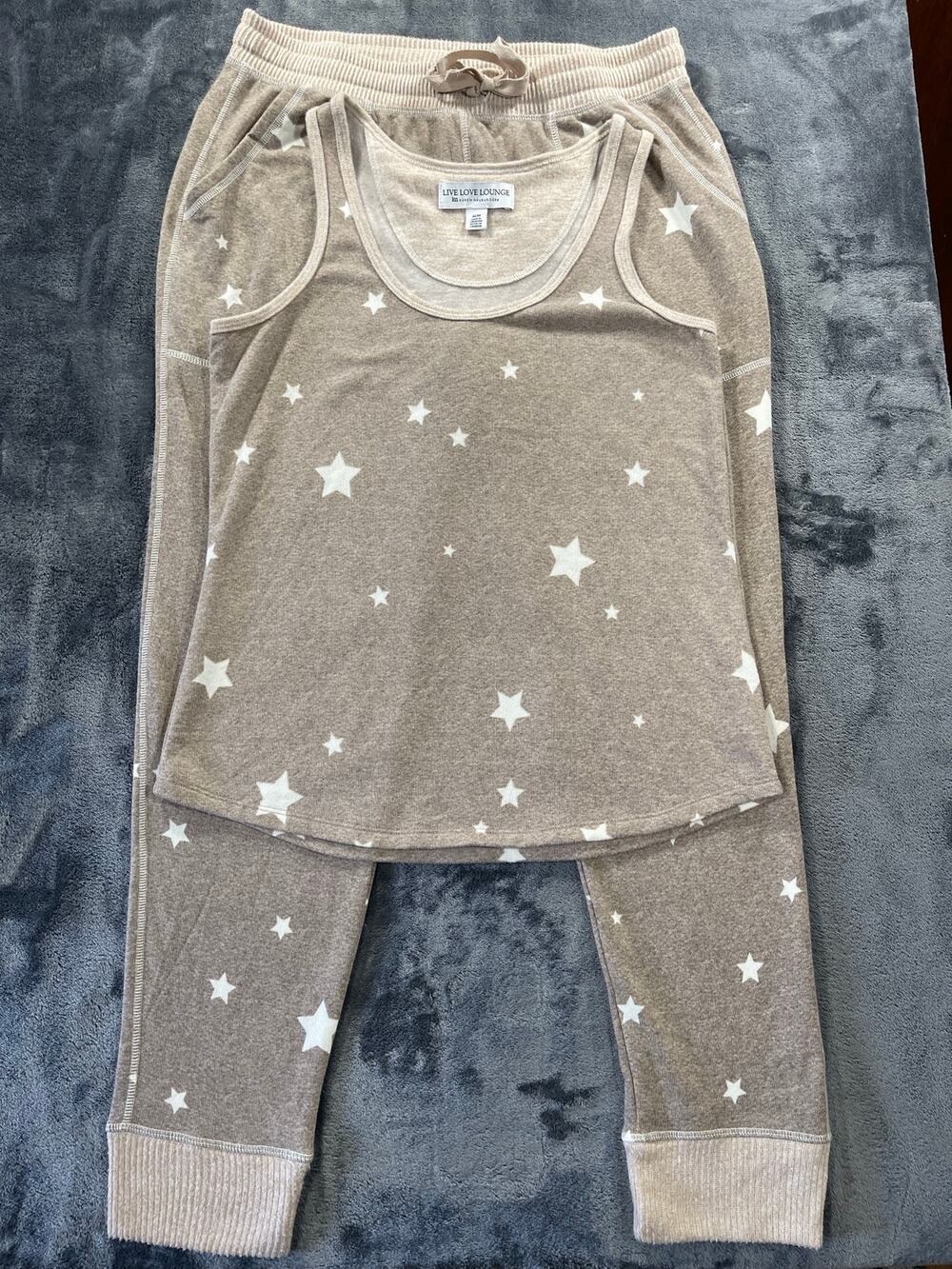 Live Love Lounge Pajama Set Beige White Star Print Tank Top Pants Loungewear